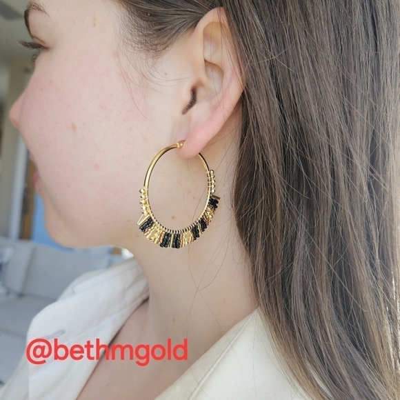 Fashion Jewelry Jewelry - Beaded Hoop Earrings Black & Gold Miyuki Rice Beads